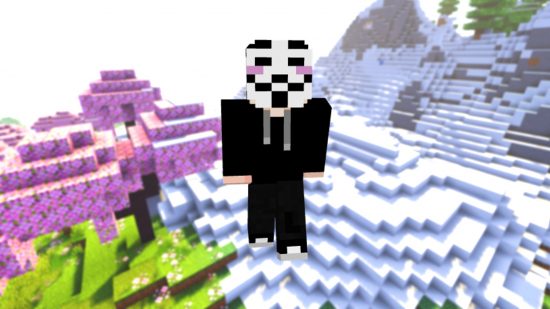Лучшие скины Minecraft: скин хакера, одетый в черную толстовку с капюшоном и жуткую маску, на фоне снежного биома и вишневой рощи.
