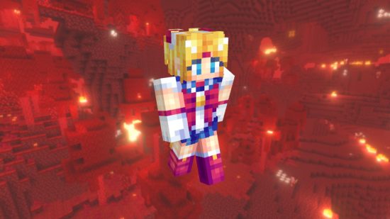 Лучшие скины Minecraft: современный и яркий скин Сейлор Мун, отличающийся культовыми красными, белыми и синими цветами с золотыми деталями.