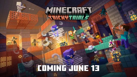 The Minecraft 1.21 Tricky Trials release date of June 13 shown on a render of scenes from the new update.