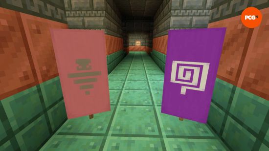 Two new banner designs from the Minecraft 1.21 update, the Guster in pink and the Flow in purple.