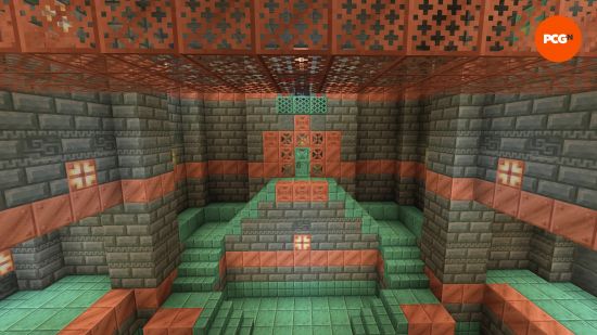 The inside of a trial chamber, showing off some of the new blocks, including copper and tuff variants, coming with the Minecraft 1.21 update, Tricky Trials.