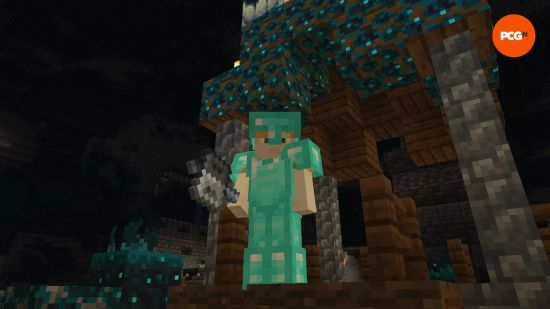A player dressed in diamond armor holds a mace in their hand in the Minecraft 1.21 Tricky Trials update.