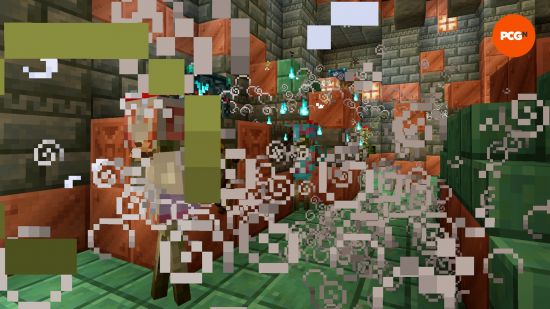 Particles fill the screen and bogged all wear full armor in an Ominous Raid, part of the Minecraft 1.21 Tricky Trials update.