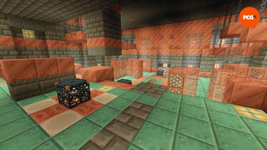 The inside of a Minecraft trial chamber, the main feature of the Minecraft 1.21 update Tricky Trials, filled with copper blocks and spawners.