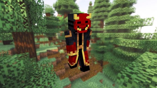 Лучшие скины Minecraft: красный скин демона в классическом японском стиле Oni на фоне таежного биома Minecraft.