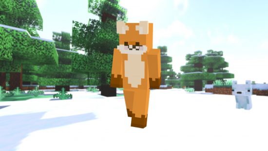 Лучшие скины Minecraft: скин милой оранжевой лисы, который носит игрок, стоящий перед заснеженным биомом тиаги, с белой внутриигровой лисой, сидящей с правой стороны.