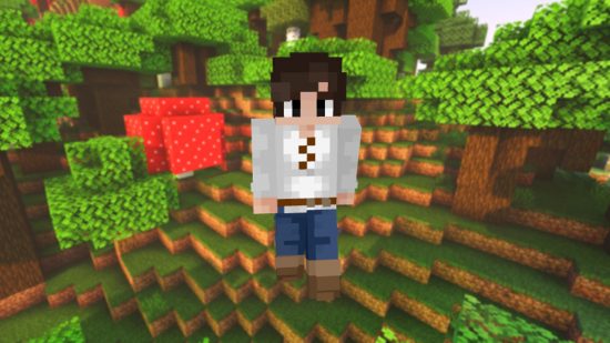 Лучшие скины Minecraft: средневековый скин, одетый в струящуюся белую рубашку, большие коричневые ботинки и с поясом.