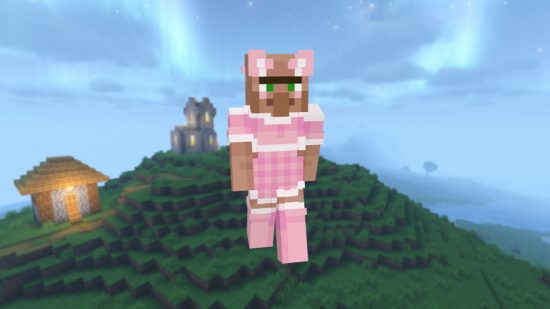 Лучшие скины Minecraft: скин деревенского жителя с узнаваемым лицом деревенского жителя Minecraft, но в уникальном розово-белом наряде французской горничной с кошачьими ушами.