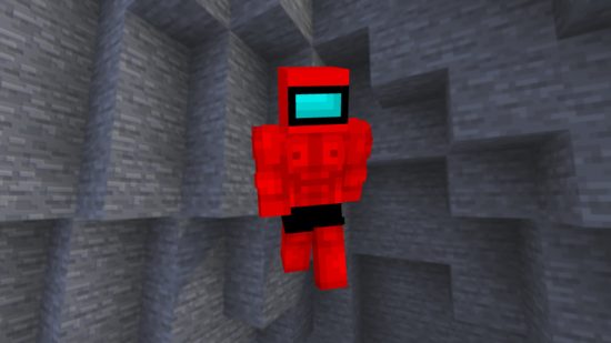 Funny Minecraft skins: A red and muscular among us Minecraft skin in front of a grey wall.