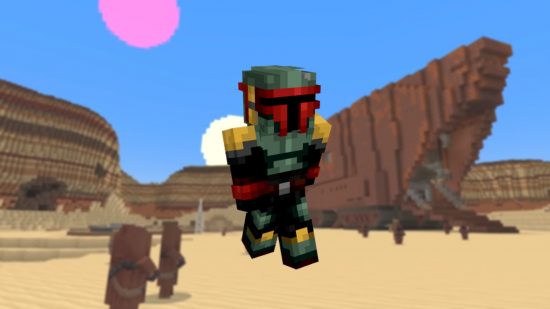 Скин Бобы Фетта для Minecraft на фоне Minecraft Tatooine из дополнения «Звездные войны».