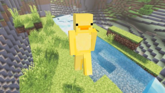 Лучшие симпатичные скины Minecraft: очаровательный желтый скин ныряльщика, который остается симпатичным, сохраняя простоту, с маленькими черными точками вместо глаз и заниженным клювом.
