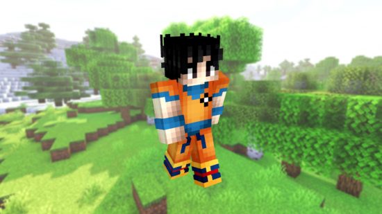 Лучшие скины Minecraft: скин Minecraft, разработанный как гоку из Dragon Ball Z, с его оранжевым ги, синим поясом и черными волосами.