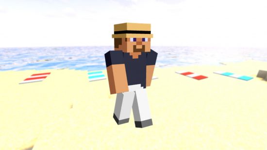 Best Minecraft HD skins: An alternate Steve skin, wearing a rimmed hat, blue shirt, and white pants.