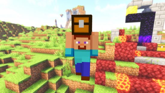 Лучшие скины Miencraft: Забавный HD-скин с изображением Стива из Minecraft с дополнительным затенением и тенями, но также с сундуком над головой.