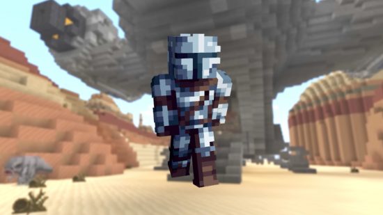 Игрок, одетый в мандалорский скин Minecraft, стоит перед Razor Crest в мире кроссовера Minecraft x Star Wars.