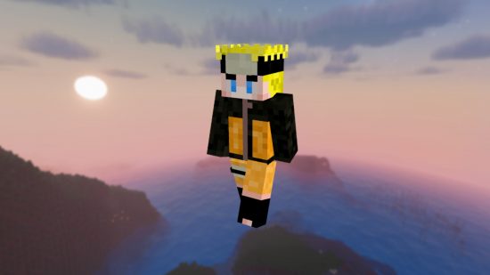 Лучшие аниме-скины Minecraft: скин Наруто с его культовыми желтыми волосами, повязкой на голове и оранжево-желтым нарядом.