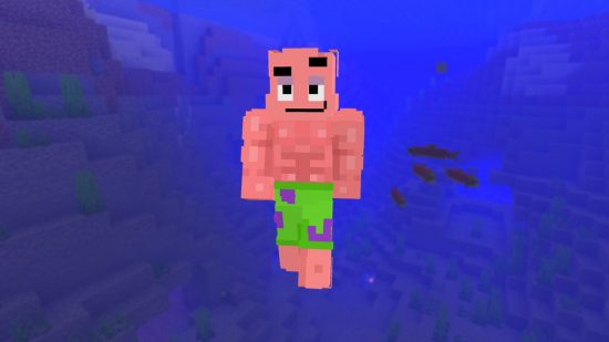 Лучшие скины Minecraft: забавный скин Патрика Стара на фоне глубокого синего океана, на фоне которого плавает лосось.