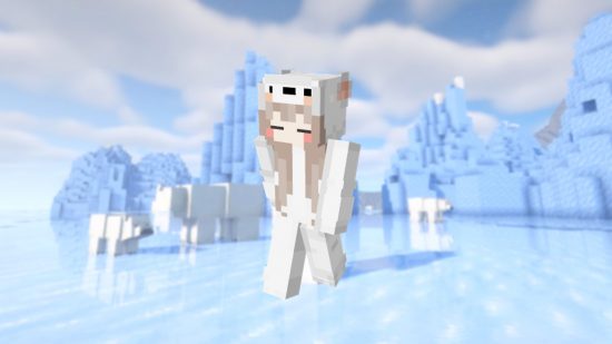 Симпатичные скины Minecraft: игрок Minecraft стоит в замерзшем океане в окружении белого медведя, одетый в белый и пастельный комбинезон белого медведя.