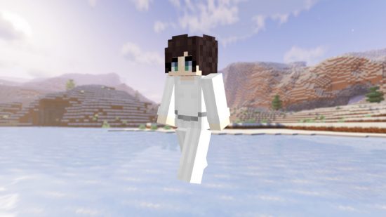 Игрок, одетый в скин принцессы Леи для Minecraft, в ее культовом белом платье и пучках.