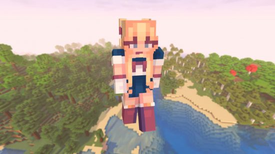 Аниме-скины Minecraft: классическая Сейлор Мун держит золотой меч и парит над ландшафтом Minecraft.