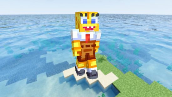 забавные скины Minecraft: очень детализированный скин Губки Боба с большими ресницами и HD-детализацией стоит на острове в океане,