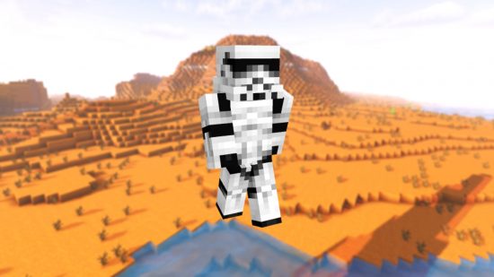 Скин Stormtrooper для Minecraft на фоне оранжевой песчаной дюны пустыни.