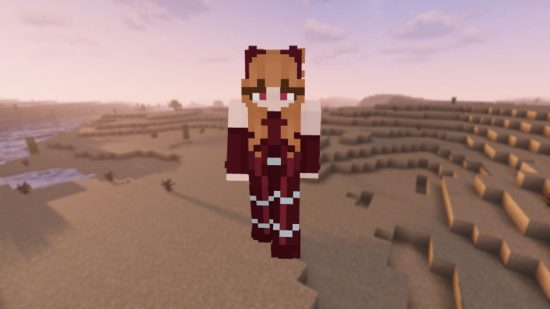 Лучшие скины Minecraft: Рыжий персонаж игрока, одетый в полную алую ведьму на фоне песчаной пустыни.
