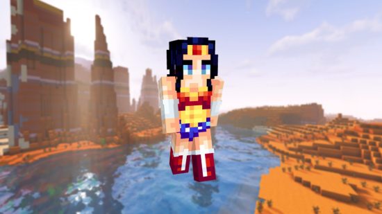 Лучшие скины Minecraft: игрок стоит перед биомом бесплодных земель в симпатичном наряде Чудо-женщины, с длинными черными волосами, красными ботинками и браслетами подчинения.