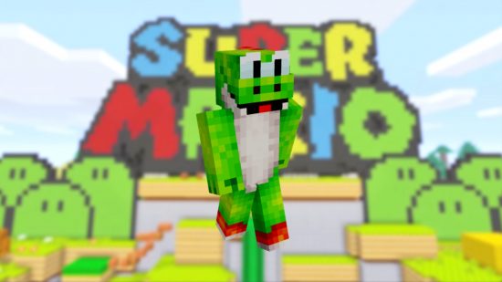 Ярко-зеленый скин Йоши Майнкрафт стоит перед входом в мир Супер Марио в DLC Майнкрафт.