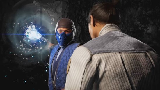 The classic Sub-Zero is one of the special Mortal Kombat 1 characters that acts as a Kameo fighter. Here he's freezing his hand, ready to yank Kung Lao's head from his shoulders.