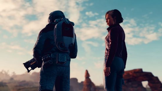 Sarah Morgan and the player character stand in the middle of a desolate alien landscape, apart but clearly having some kind of heart to heart in a Starfield romance quest.