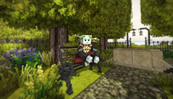 A Minecraft-like white and green block-y character sits atop a grey bench in a park