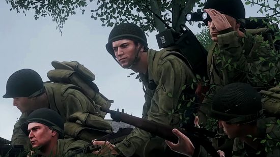Arma 3 DLC Spearhead 1944 – eine Gruppe von Soldaten aus dem 2. Weltkrieg zusammen unter einem Baum.