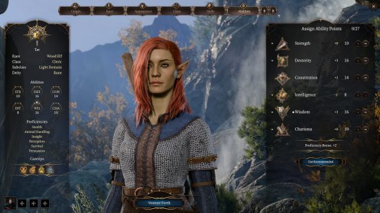 Baldur's Gate 3 Cleric build: a light-green-skinned female wearing chainmail next to a menu screen showing her abilities.