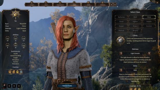 Baldur's Gate 3 Cleric build: a light-green-skinned female wearing chainmail next to a menu screen showing her class.