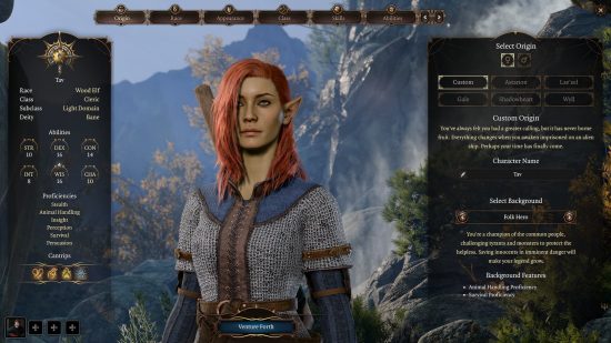 Baldur's Gate 3 Cleric build: a light-green-skinned female wearing chainmail next to a menu screen showing her origin.