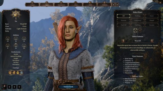 Baldur's Gate 3 Cleric build: a light-green-skinned female wearing chainmail next to a menu screen showing her race.