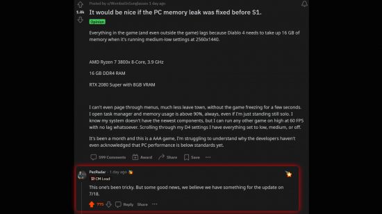 Diablo 4-Speicherleck – Als Antwort auf einen Reddit-Beitrag zu diesem Problem schreibt Diablo-Community-Manager Adam Fletcher: 