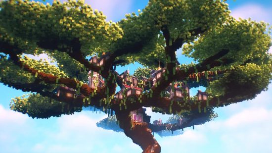 A Minecraft village build in a giant custom tree, one of the best Minecraft ideas we've seen.