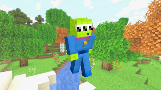 A Toy Story little Green man Minecraft skin on the backdrop of some colorful Minecraft trees.