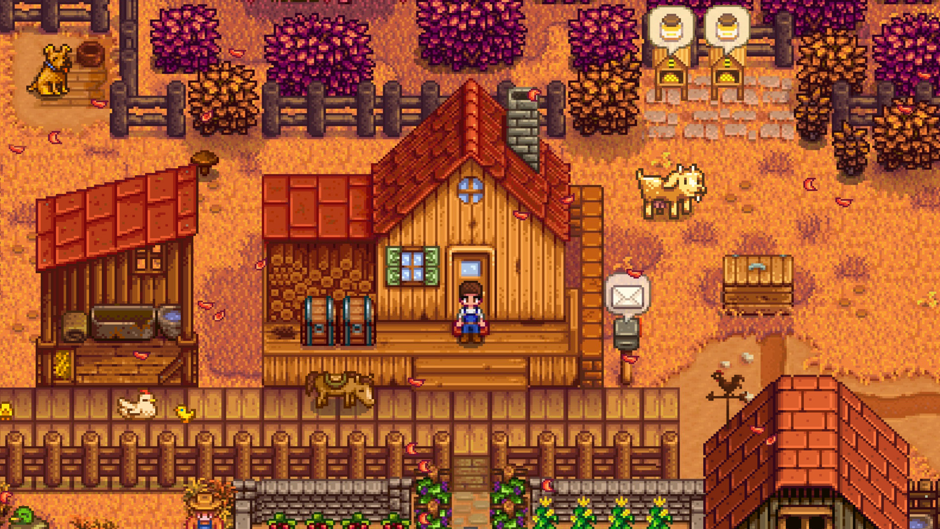 An image of the player character standing in their farm in during the fall season in Stardew Valley.