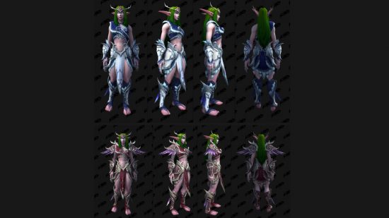 World of Warcraft female Night Elf Heritage Armor sets datamined by Wowhead from patch 10.1.7 PTR.