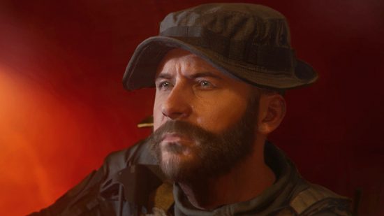 MW3リリース日：Modern Warfare 3のキャプテンプライス、遠くを見渡し、彼の背後にある脅迫的な赤い背景。
