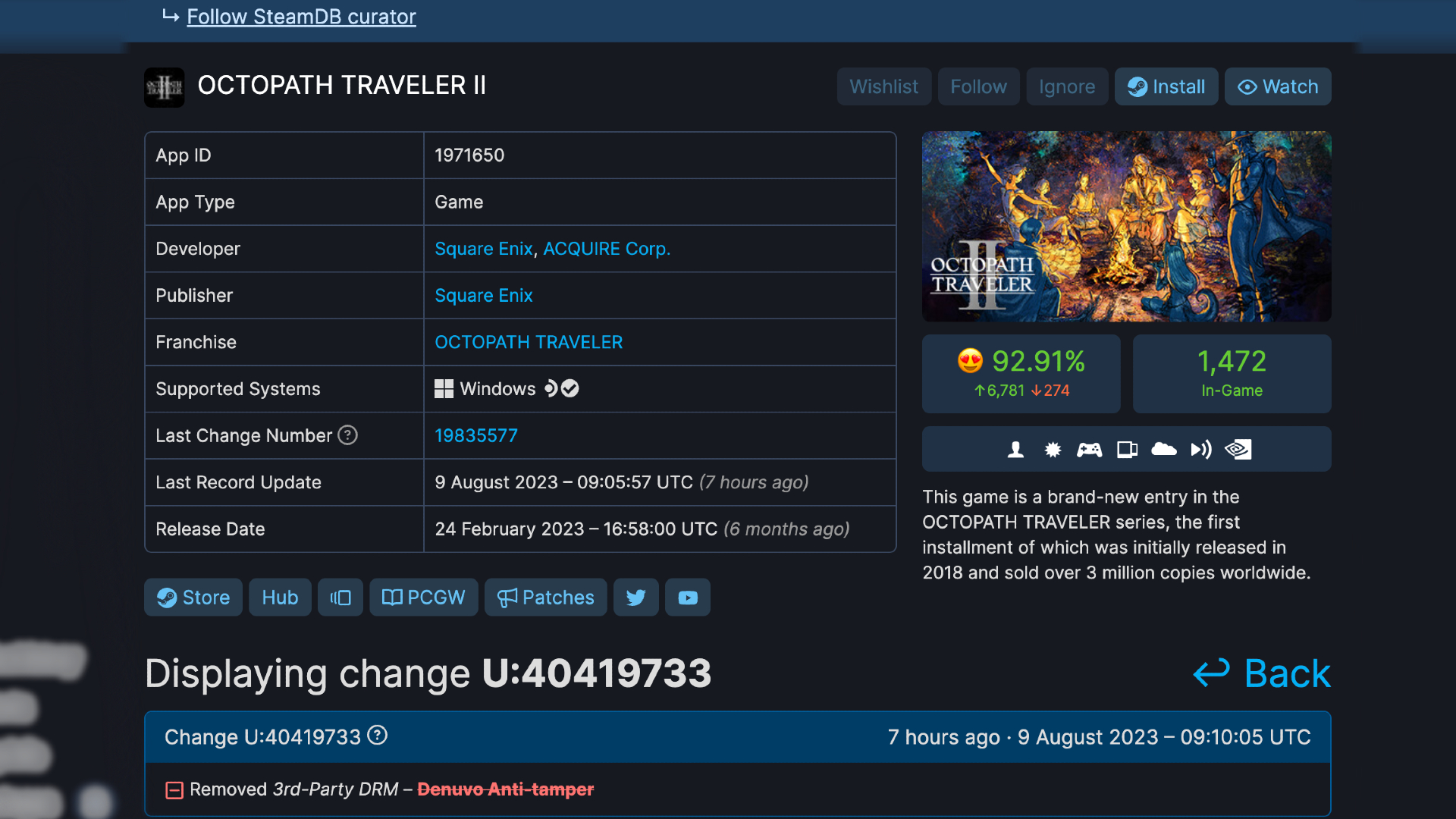 Ein Screenshot der Datenbankseite von Steam zeigt, dass Octopatch Traveler 2 Denuvo entfernt hat