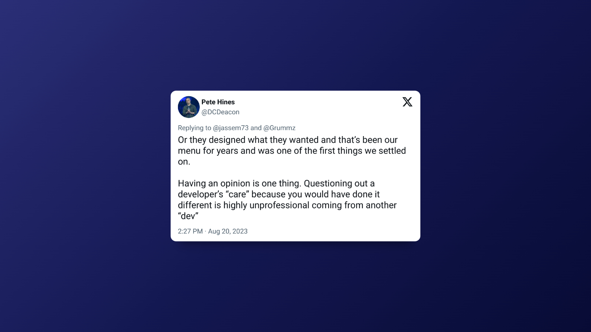 Tweet von Pete Hines als Antwort auf die Kritik am Starfield-Menü
