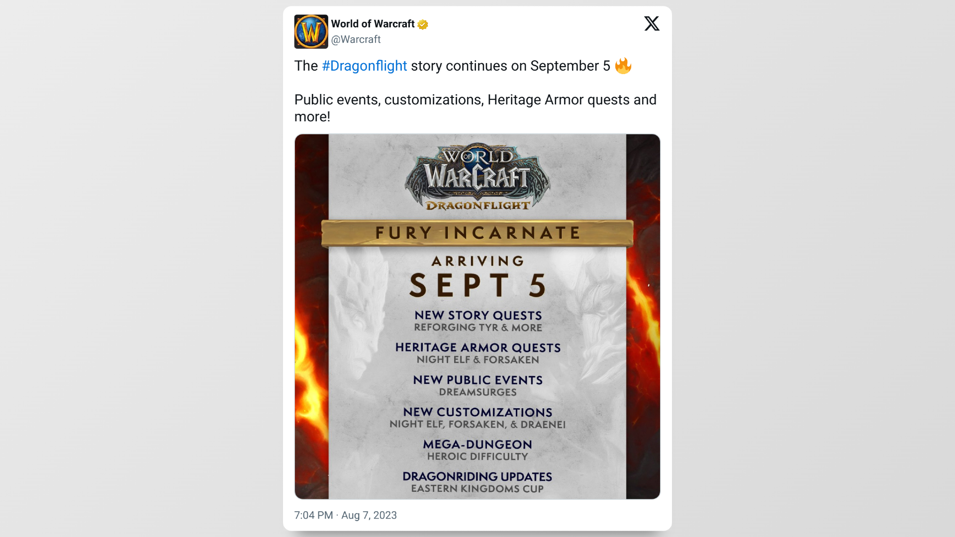 Tweet vom offiziellen Account von World of Warcraft, in dem das Veröffentlichungsdatum des Patches besprochen wird