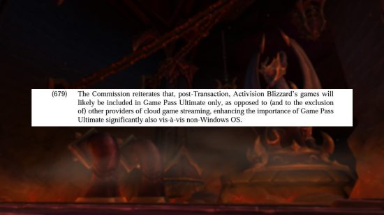 Una cláusula de un documento legal que analiza el hecho de que los juegos de Activision Blizzard pueden reservarse para Game Pass Ultimate