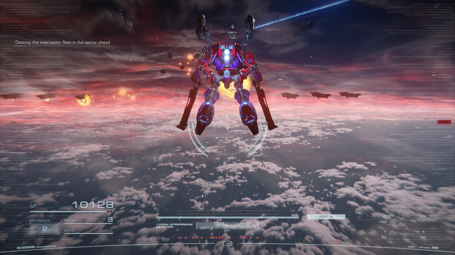Armored Core 6 endings: an Armored Core flying high in the sky.