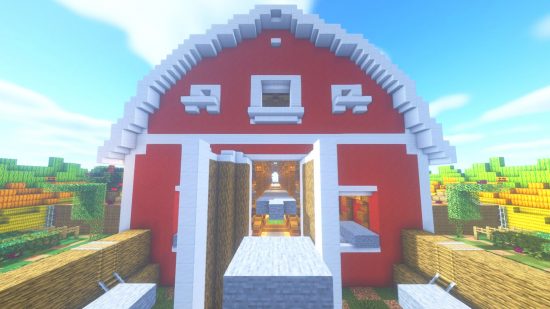 An image of a large red barn from the Minecraft server MineSuperior.