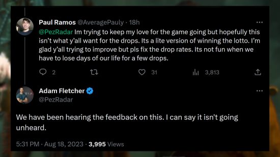 Diablo 4 uber unique drop rates - Blizzard's Adam Fletcher responds to a comment about the drop rates for the game's rarest items, saying: "We have been hearing the feedback on this. I can say it isn't going unheard."